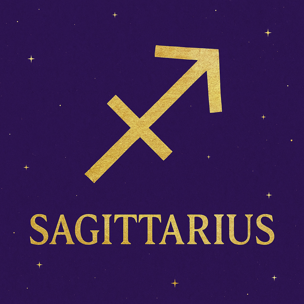 Sagittarius Sun Sign graphic with golden Sagittarius arrow symbol and text on violet background with stars