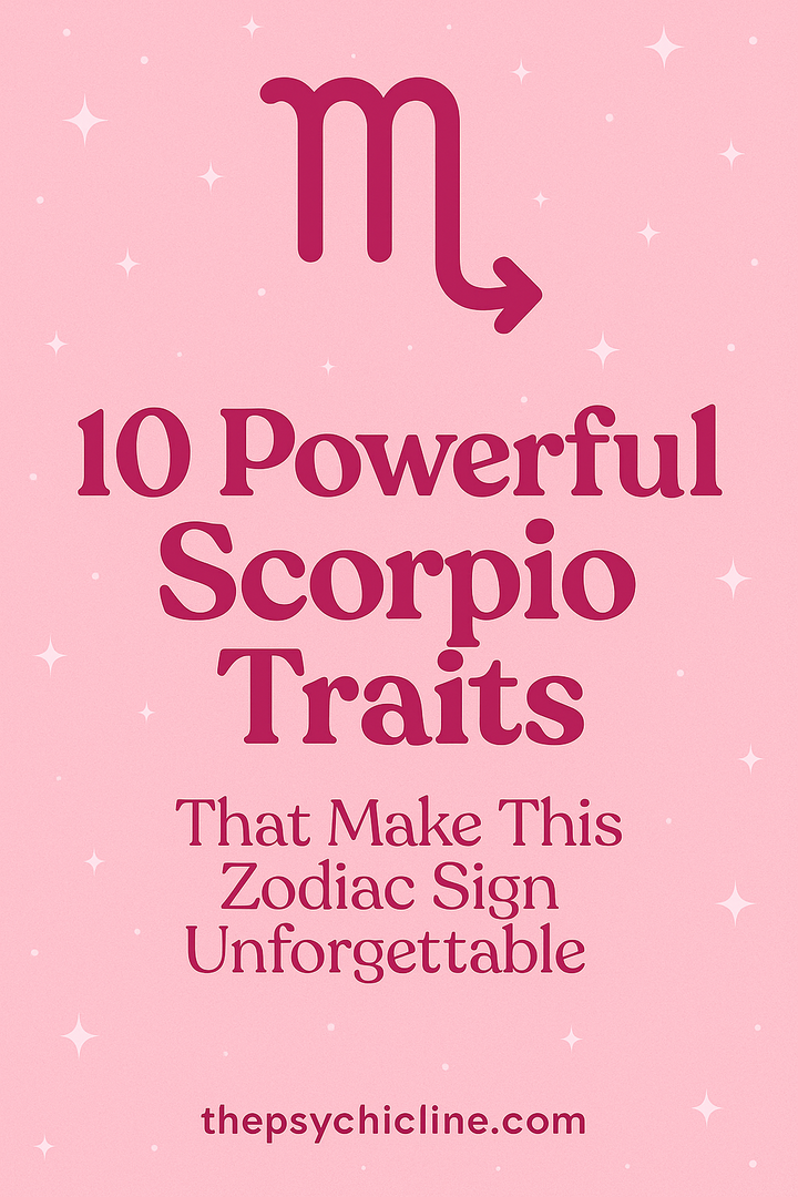 light pink background with dark pink writing "10 Powerful Scorpio Traits that make this zodiac sign unforgettable"