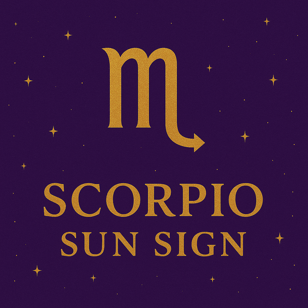 Scorpio Sun Sign graphic with golden Scorpio symbol and text on violet background with stars