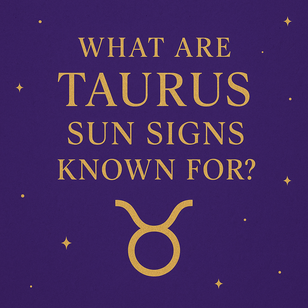 Taurus Sun Sign graphic with golden Taurus symbol and text on violet background with stars
