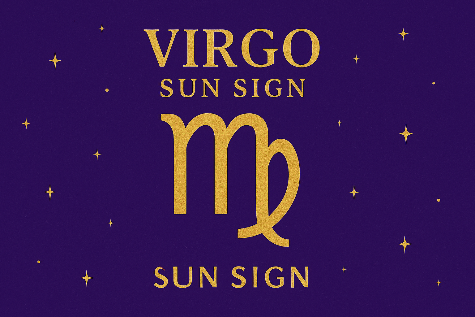 Virgo Sun Sign graphic with golden Virgo symbol and text on violet starry background