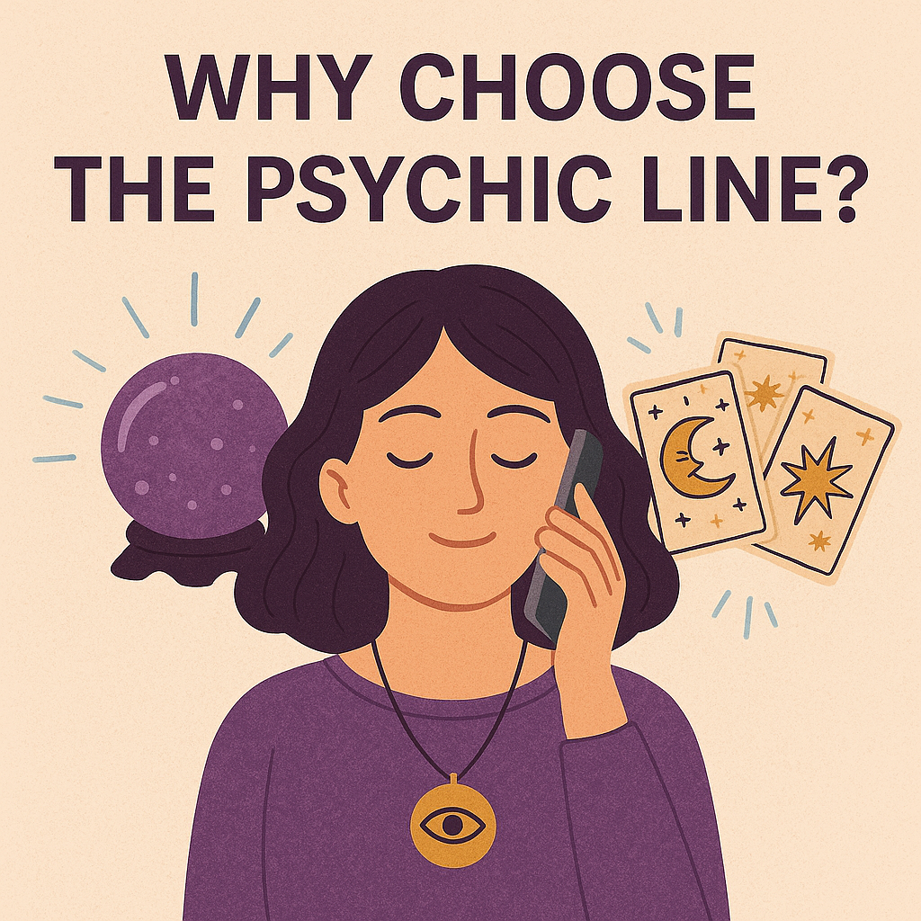 Mystical illustration with a woman on the phone, glowing crystal ball, and tarot cards, symbolizing The Psychic Line’s unique psychic services