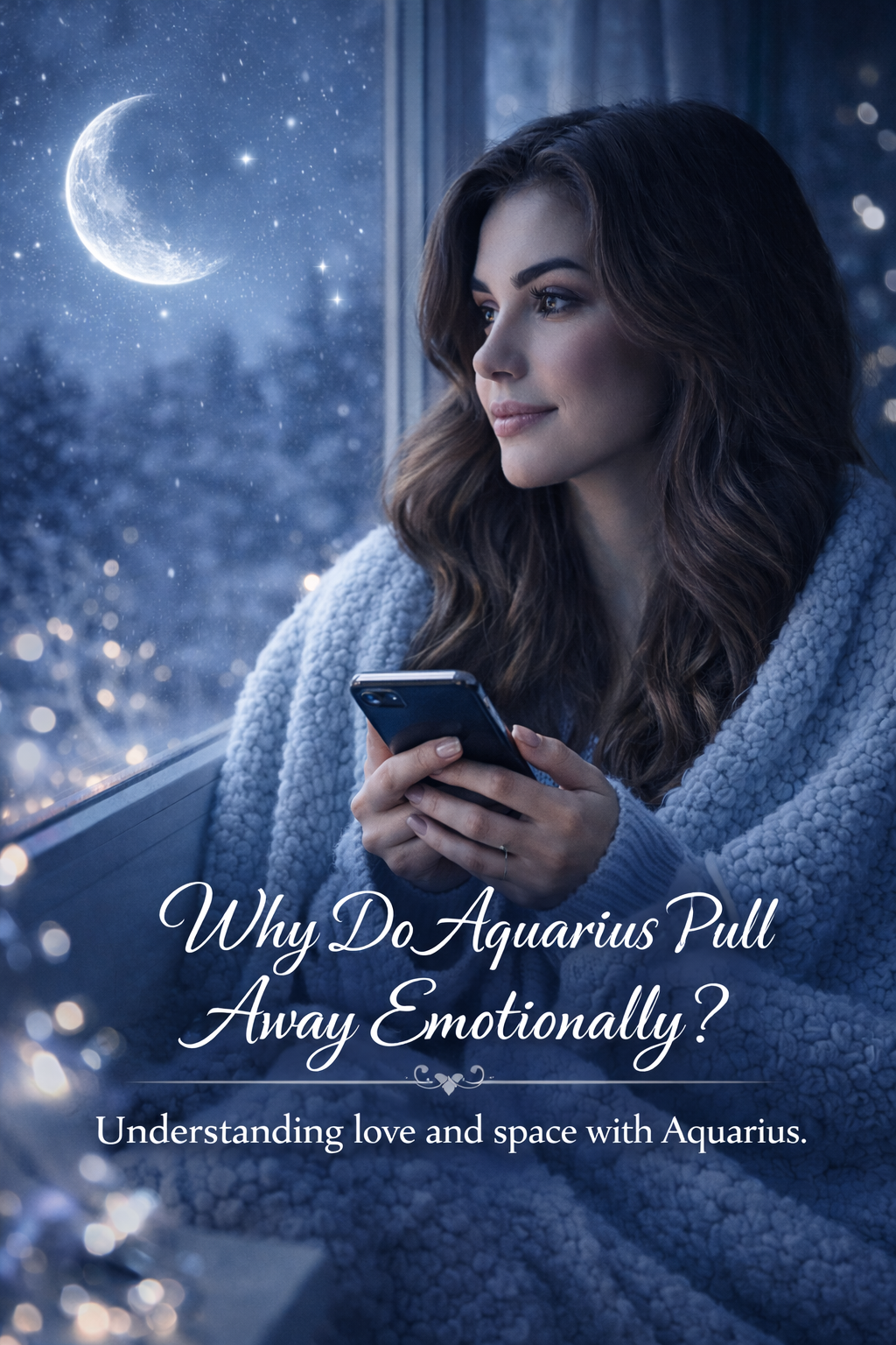 Woman holding a phone and looking at the moon, reflecting on why Aquarius pull away emotionally in relationships.