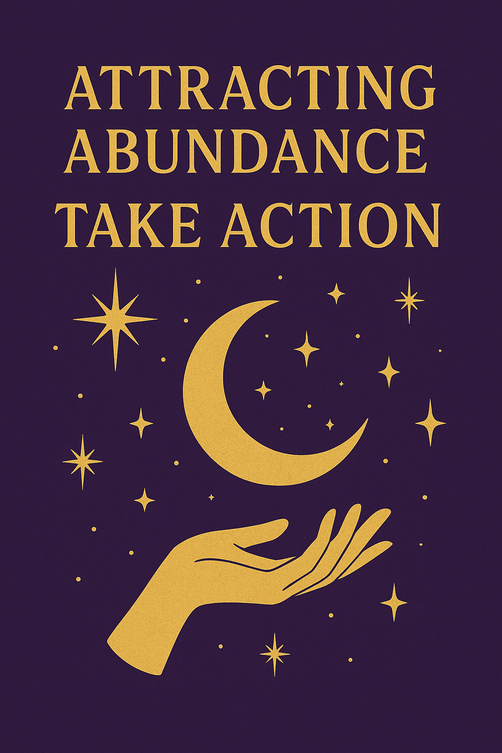 Mystical abundance illustration with moon, stars, hand, and the text Attracting Abundance Take Action.