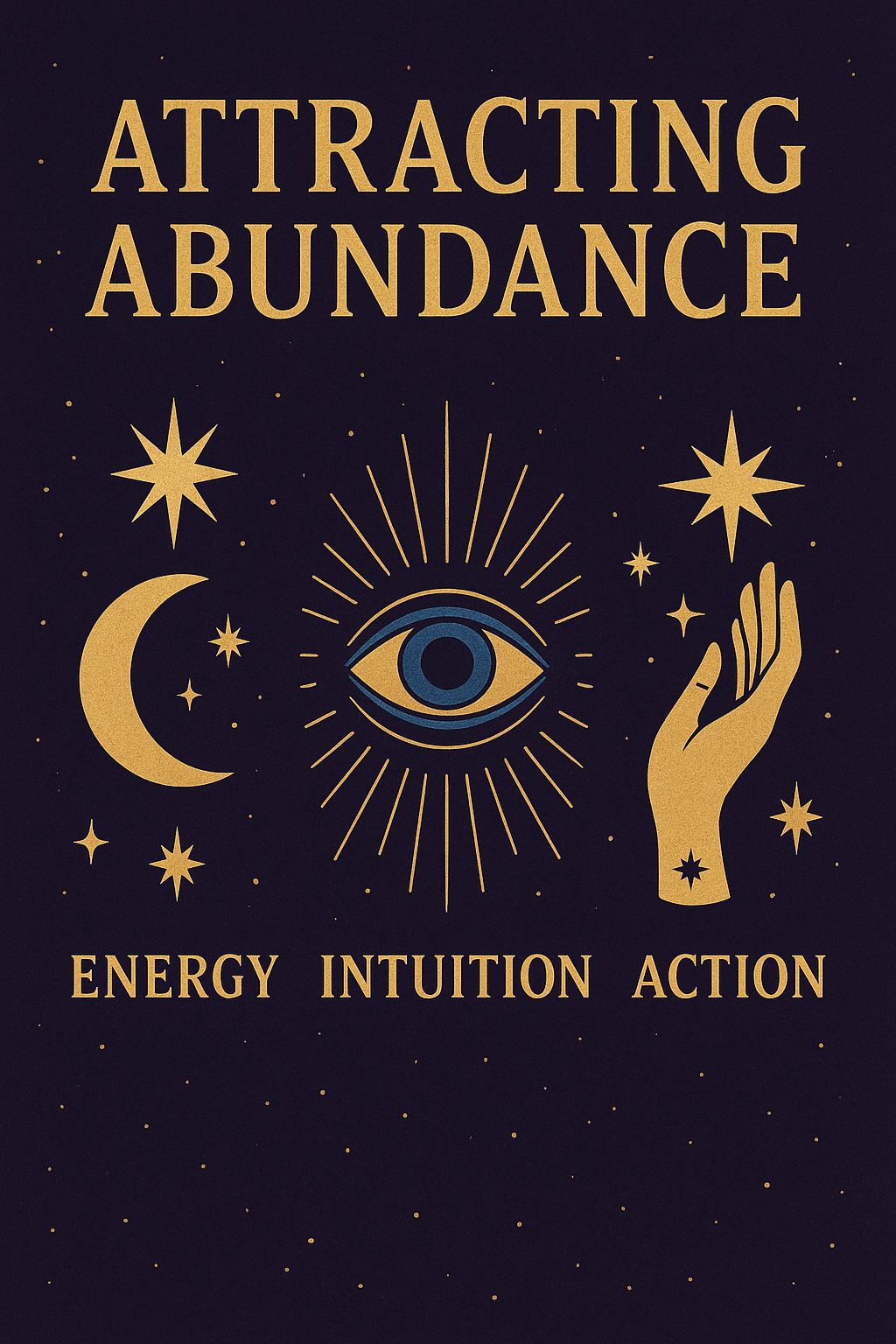 Mystical abundance illustration with moon, eye, hand, and the words energy intuition action.