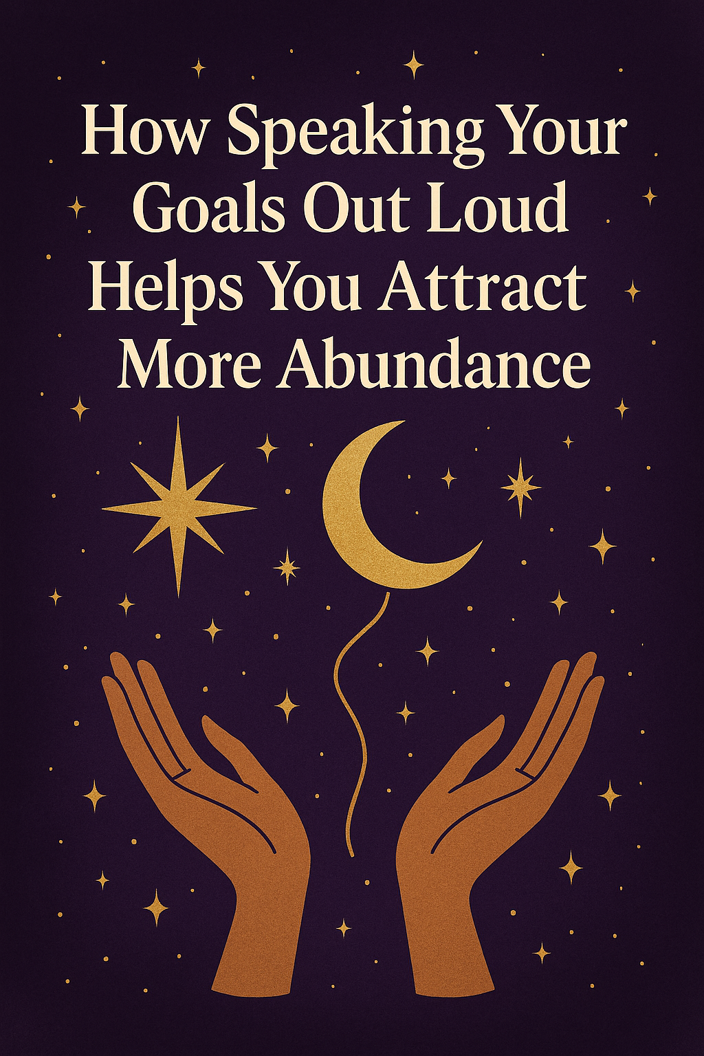 Mystical abundance image with moon, stars, and hands symbolizing speaking goals into reality