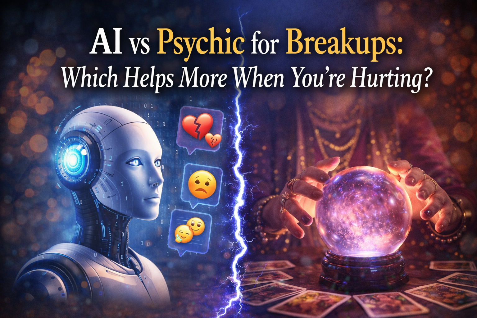Split image of AI robot and psychic crystal ball representing AI vs psychic guidance for breakup healing