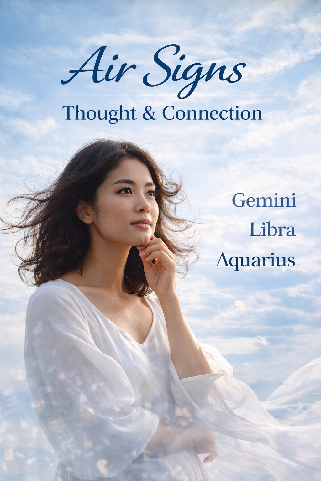 Air signs astrology image showing Gemini Libra Aquarius with thoughtful woman representing communication thinking and mental energy