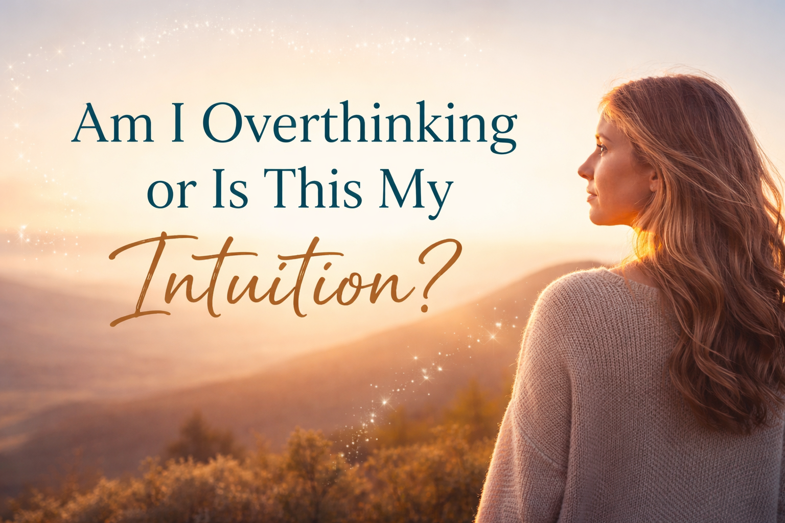 Race-neutral woman standing on a hill at sunset, looking toward the horizon with text that reads “Am I Overthinking or Is This My Intuition?”