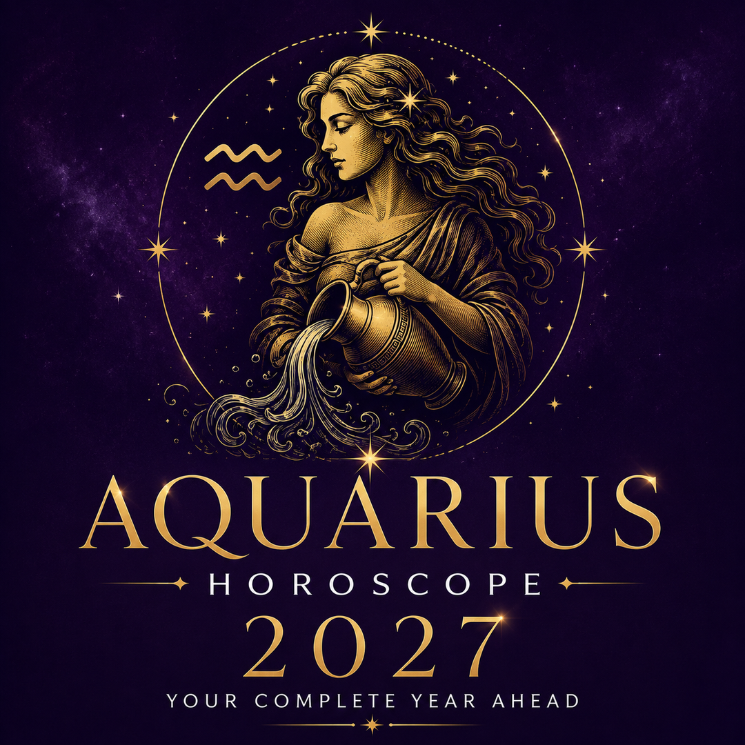 Gold Aquarius water bearer and zodiac symbol on a deep violet background with “Aquarius Horoscope 2027: Your Complete Year Ahead.”