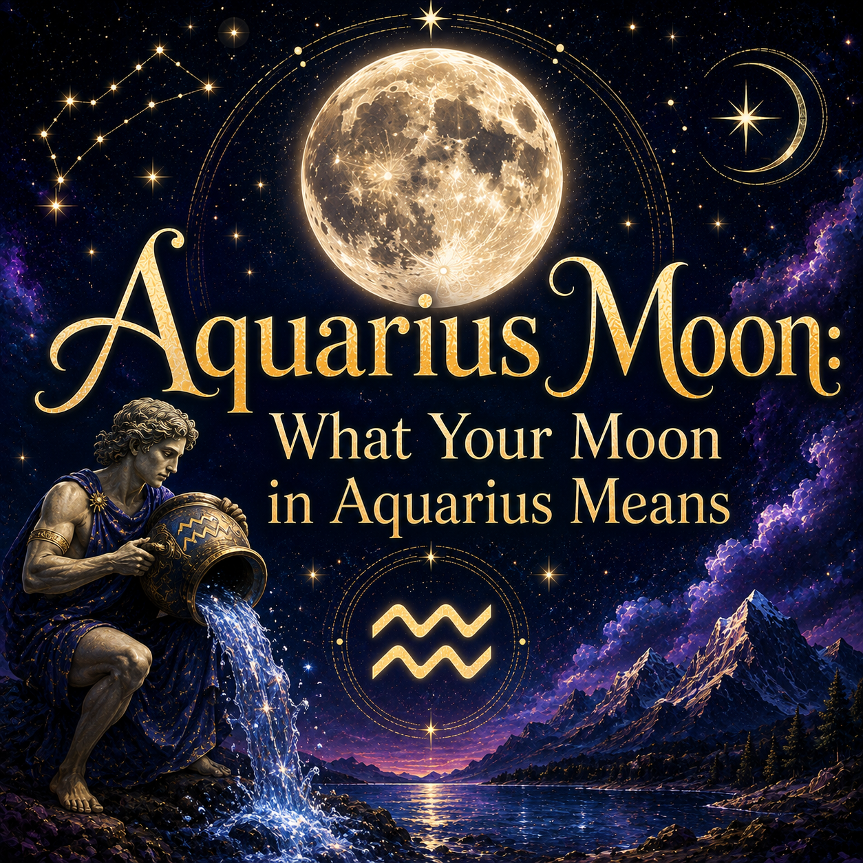Celestial Aquarius Moon graphic with a glowing full moon, Aquarius symbol, water bearer, stars, mountains, and reflective lake.