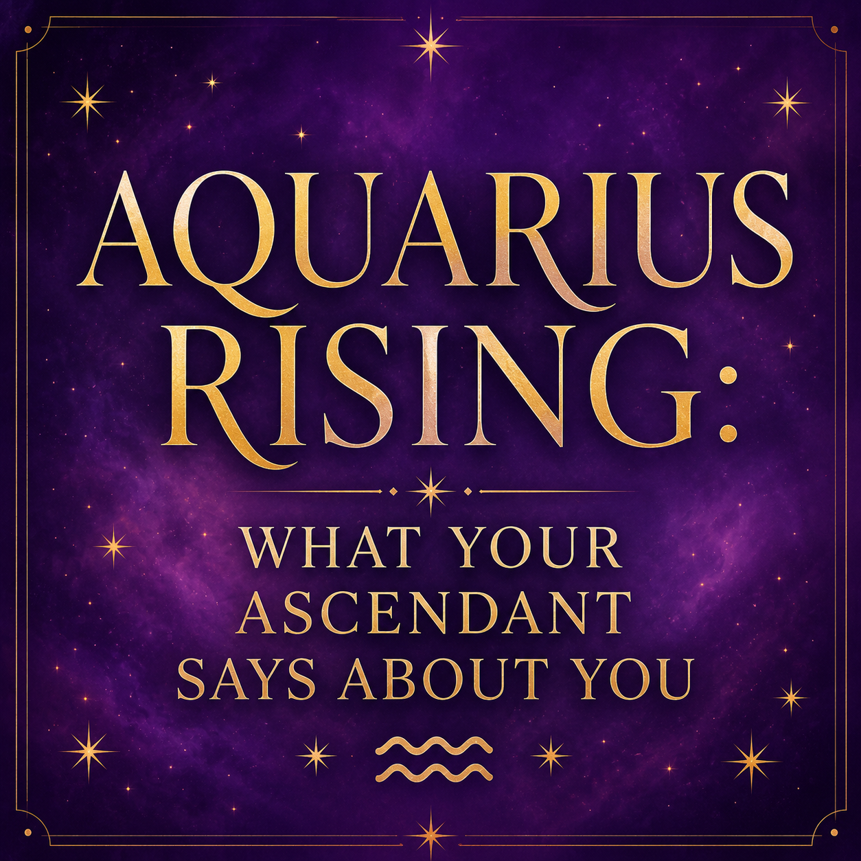 Purple celestial graphic with gold stars, an Aquarius symbol, and the title Aquarius Rising: What Your Ascendant Says About You.