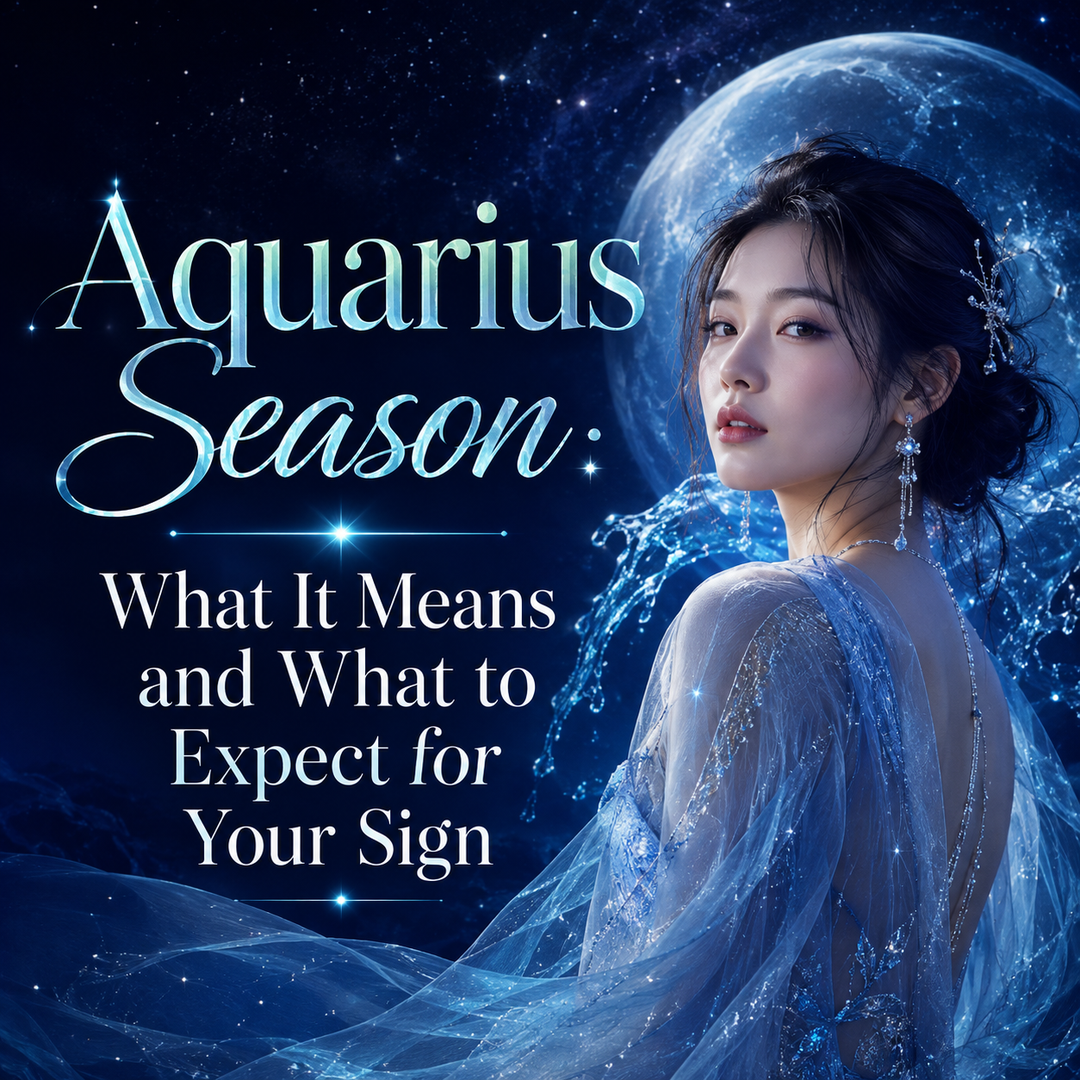 Aquarius Season astrology graphic featuring a woman, celestial water imagery, a glowing moon, and the title What It Means and What to Expect for Your Sign.