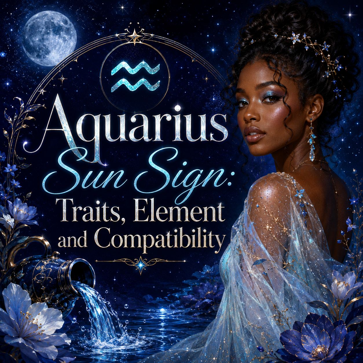 Aquarius Sun Sign astrology graphic featuring a woman, Aquarius symbol, flowing water, celestial stars, moon, and flowers with the title Traits, Element and Compatibility.