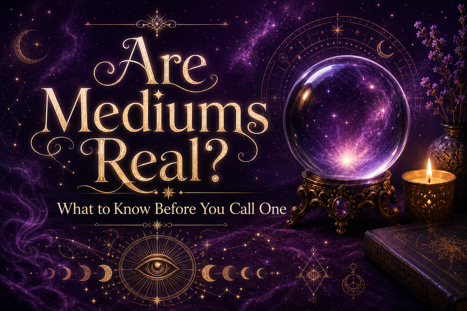 Mystical purple image with a crystal ball, candle, psychic symbols, and the words “Are Mediums Real? What to Know Before You Call One.”