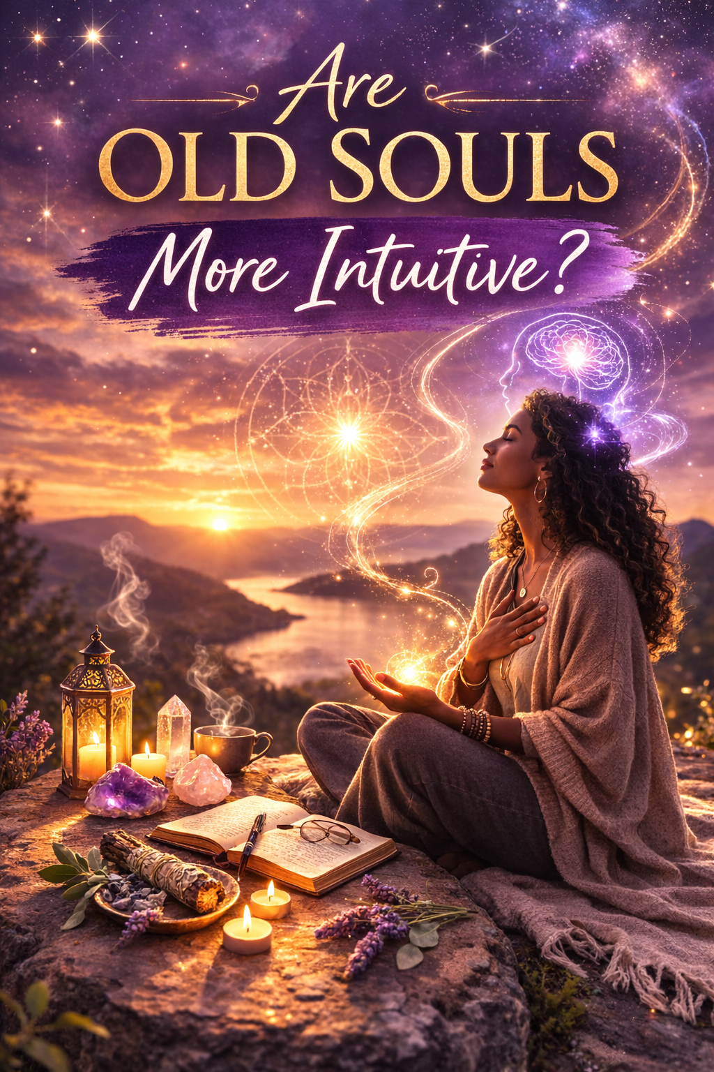 spiritual illustration of a woman meditating with crystals and tarot cards exploring whether old souls are more intuitive or psychic