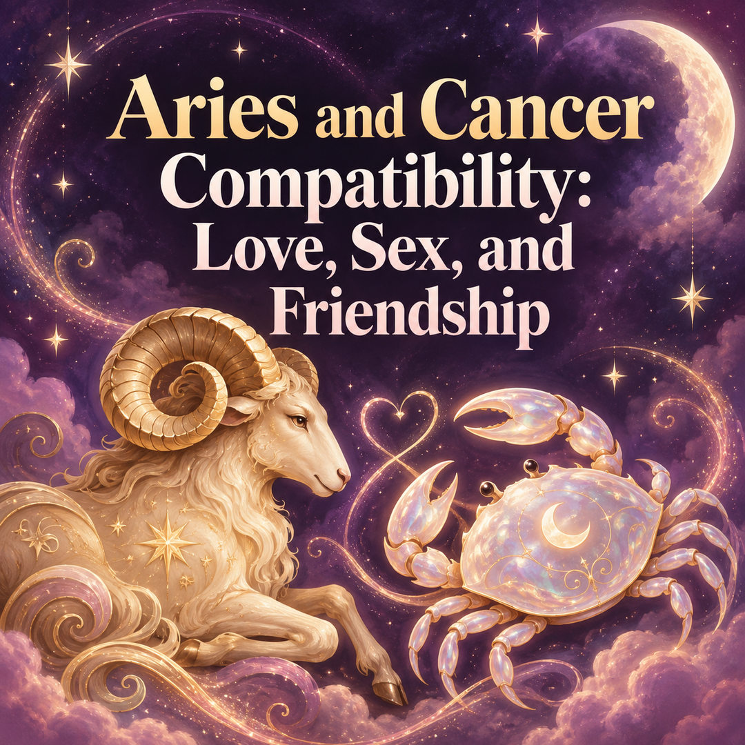 Whimsical celestial ram and crab representing Aries and Cancer compatibility.