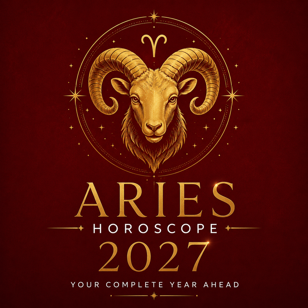 Gold Aries ram and zodiac symbol on a deep red background with “Aries Horoscope 2027: Your Complete Year Ahead.”