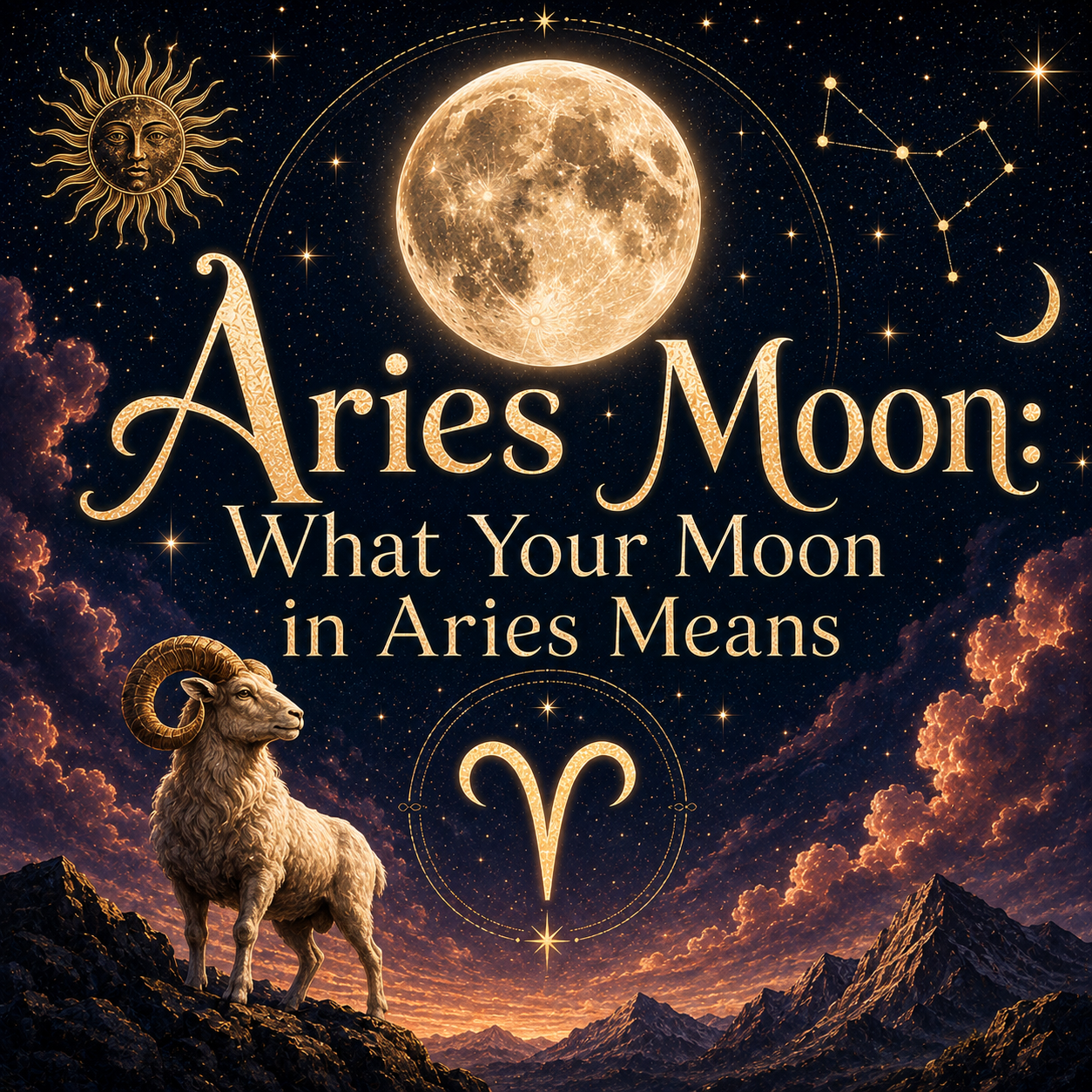Celestial Aries Moon graphic with a glowing full moon, Aries symbol, golden ram, stars, and mountain landscape.