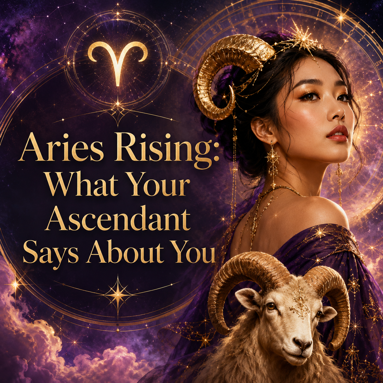 Celestial Aries Rising image with a woman, a ram, and glowing gold astrology details against a purple cosmic sky.