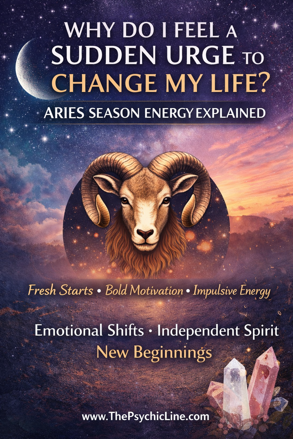 graphic about Aries season energy featuring a ram symbol, cosmic background, and themes of fresh starts, bold motivation, emotional shifts, and new beginnings.