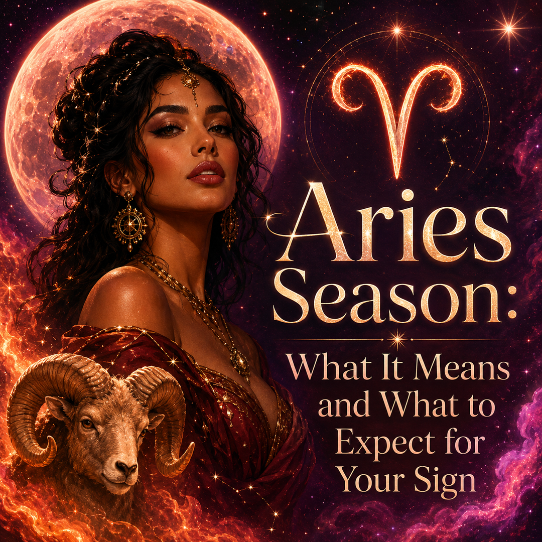Aries Season astrology graphic featuring a woman, glowing Aries symbol, ram, fiery celestial background, and full moon with the title What It Means and What to Expect for Your Sign.