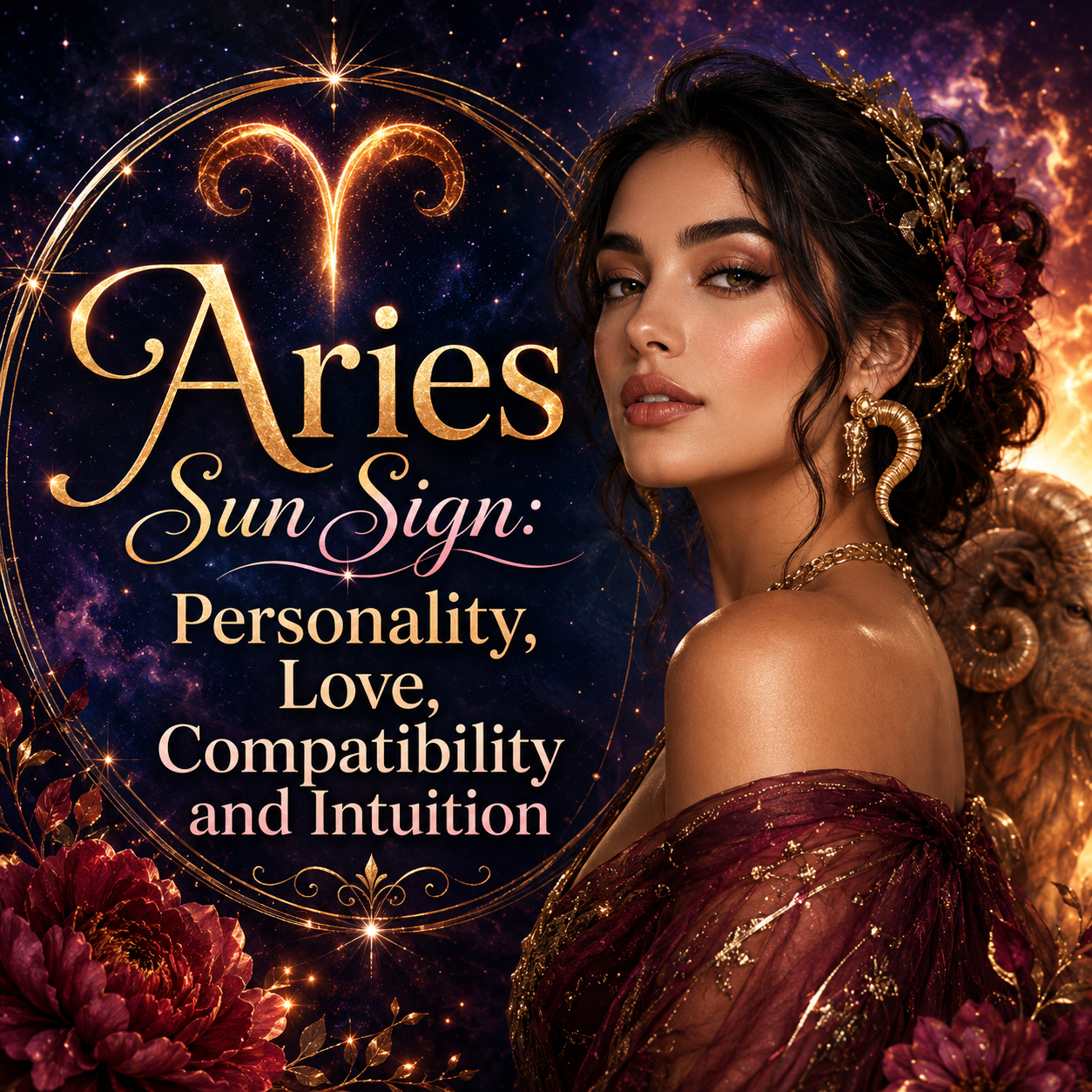 Aries Sun Sign astrology graphic featuring a woman, glowing Aries symbol, ram, celestial stars, and rich red flowers with the title Personality, Love, Compatibility and Intuition.