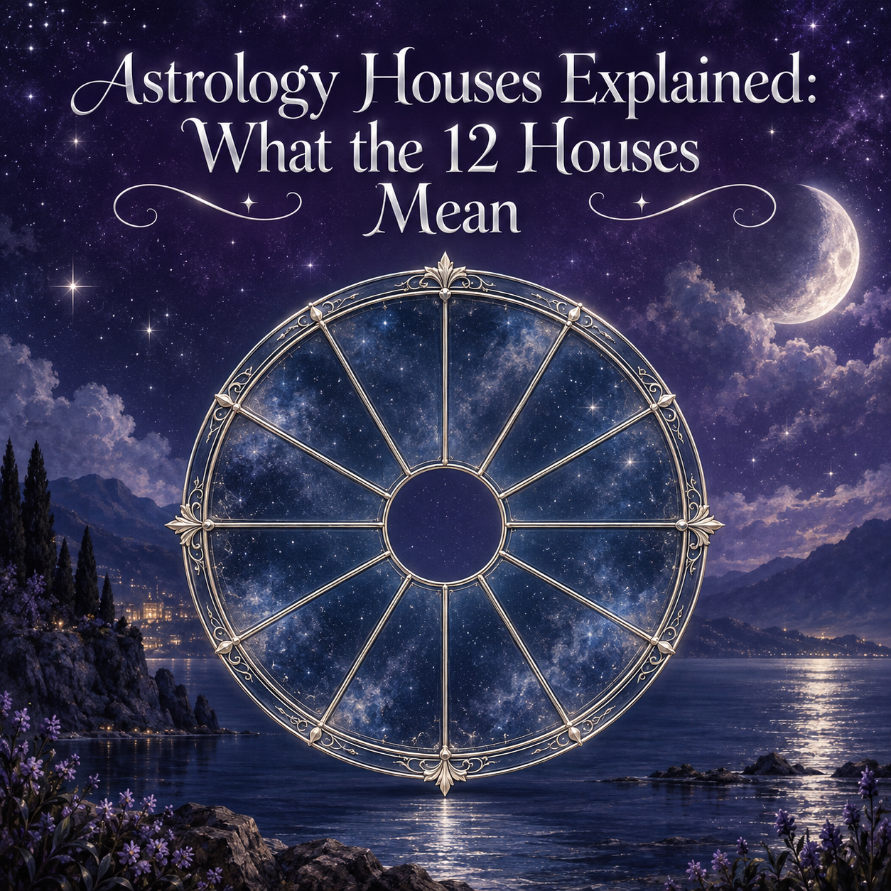 A silver twelve-section astrology wheel beneath a violet starry sky.