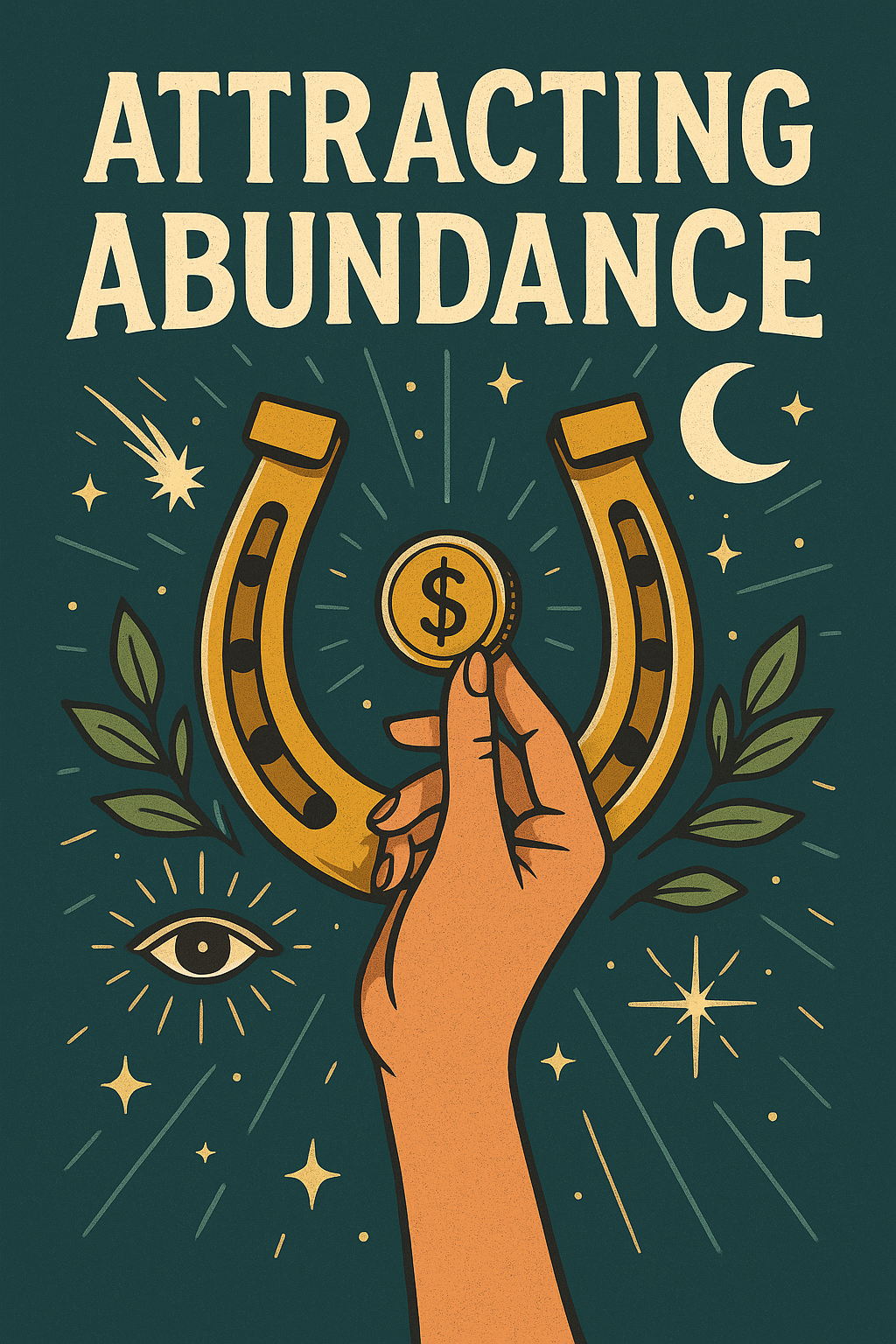 Mystical abundance illustration with horseshoe, moon, stars, and hand holding a coin