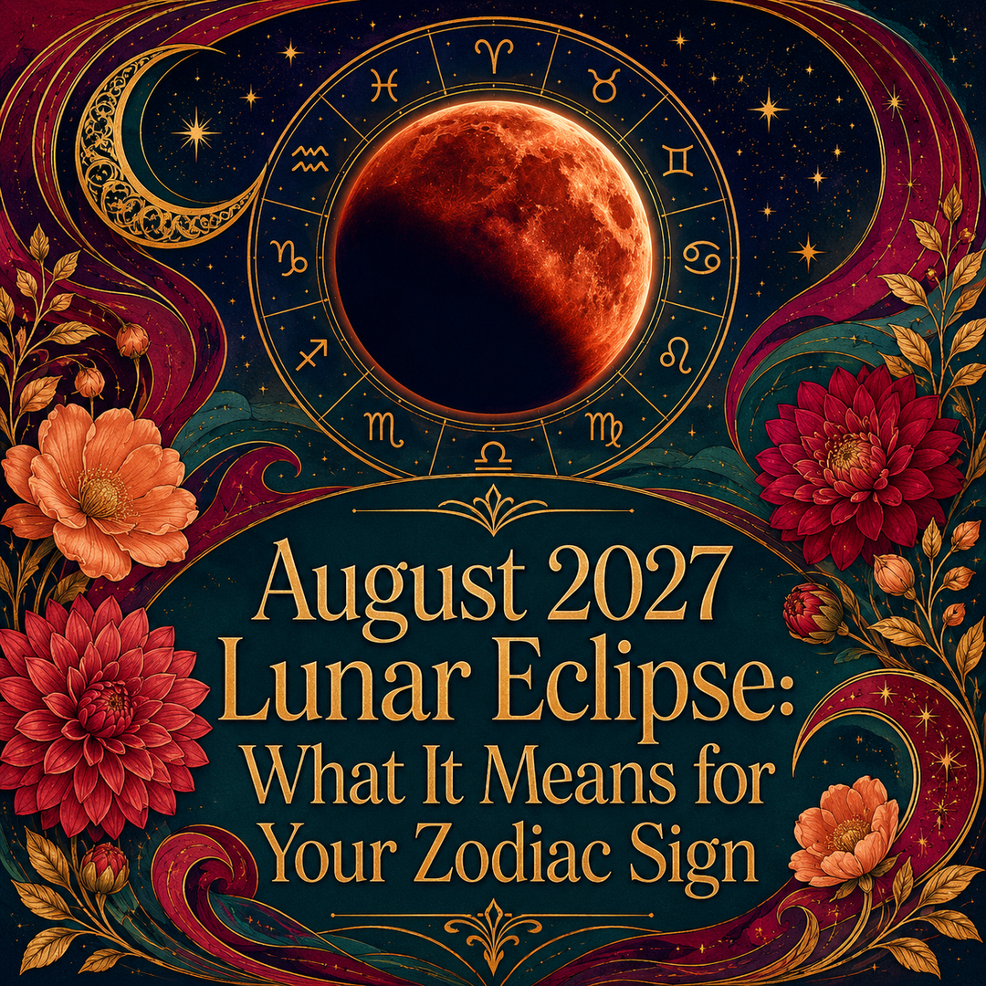 Crimson lunar eclipse surrounded by a golden zodiac wheel, dahlias, stars, and colorful celestial swirls.