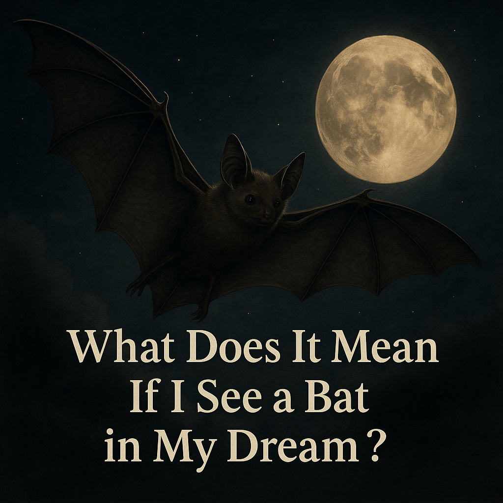 Realistic digital painting of a bat flying under a glowing full moon with the text 'What Does It Mean If I See a Bat in My Dream?