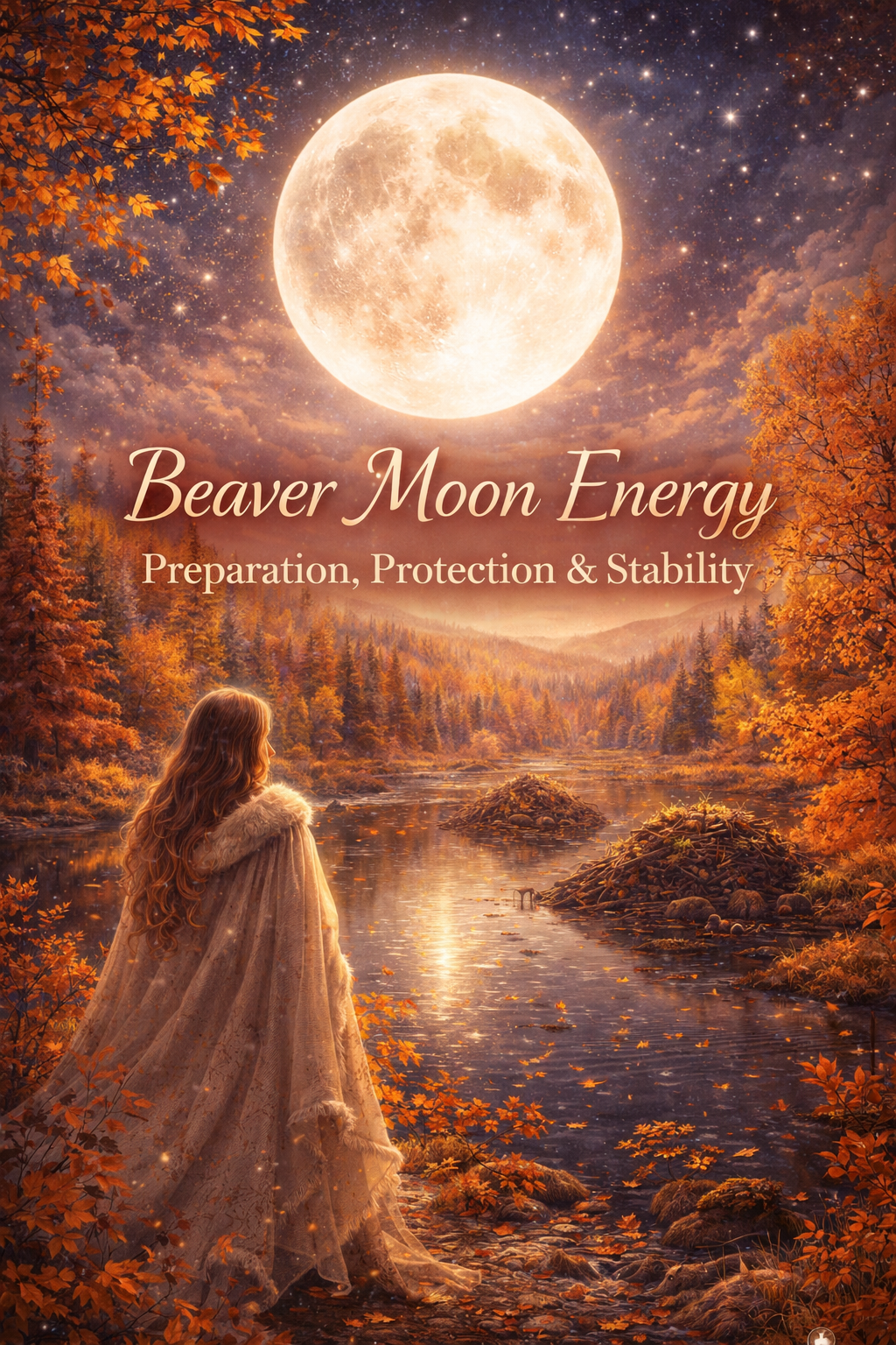 Mystical Beaver Moon autumn scene with glowing full moon over a river and forest, symbolizing preparation, protection, and emotional stability