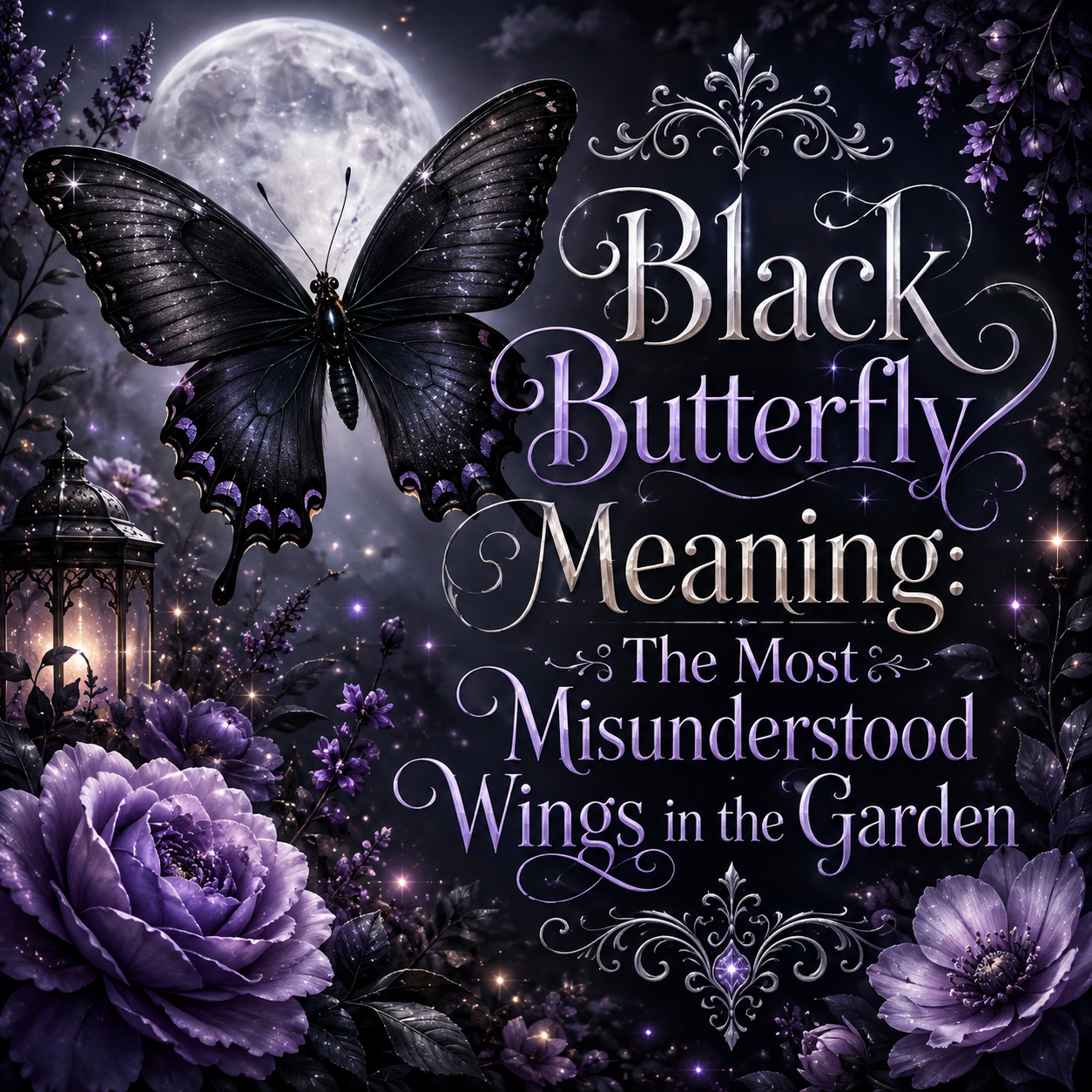 Black butterfly meaning illustration showing a black butterfly as a spiritual symbol of transformation, mystery, protection, change, and inner strength.