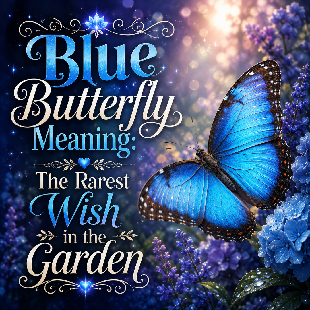 Blue butterfly meaning illustration showing a vivid blue butterfly as a spiritual symbol of hope, transformation, rare opportunities, and wishes coming true.