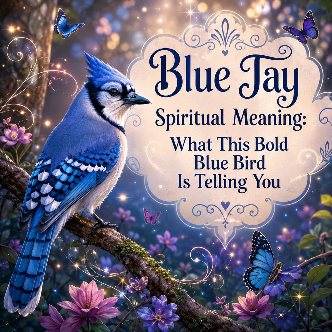 Blue Jay spiritual meaning illustration showing a blue jay as a symbol of confidence, communication, courage, and spiritual guidance.