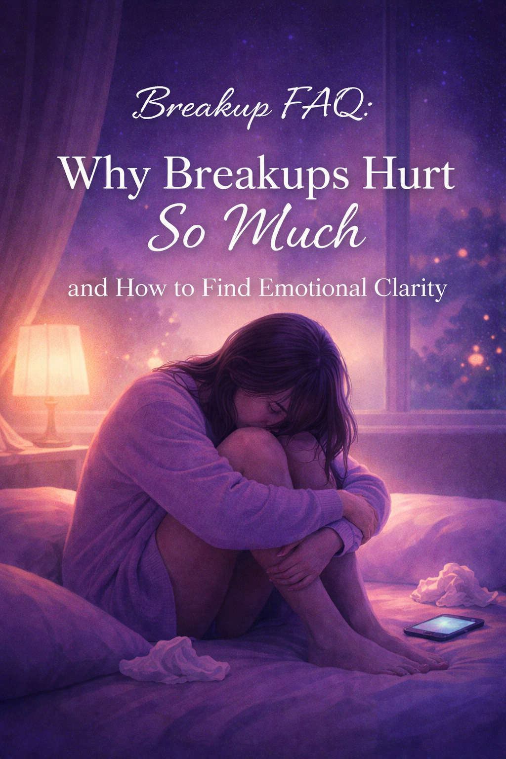 Faceless person sitting alone at night in purple tones, representing emotional pain and heartbreak after a breakup.