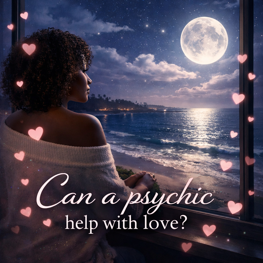 Black woman looking out a large window at a moonlit beach at night, symbolizing love, hope, and psychic guidance