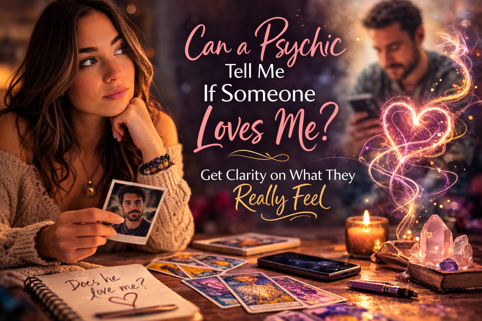 Woman receiving a psychic love reading with crystal ball and tarot cards asking if someone loves her