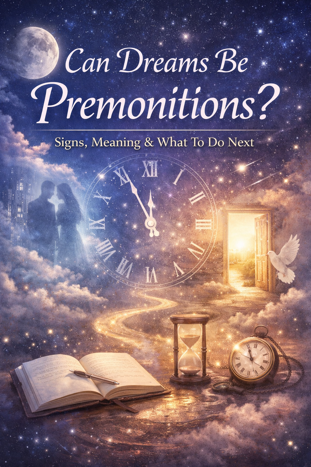 Dreamlike night sky scene with glowing clock, open journal, doorway of light, and celestial symbols representing premonition dreams and intuitive foresight