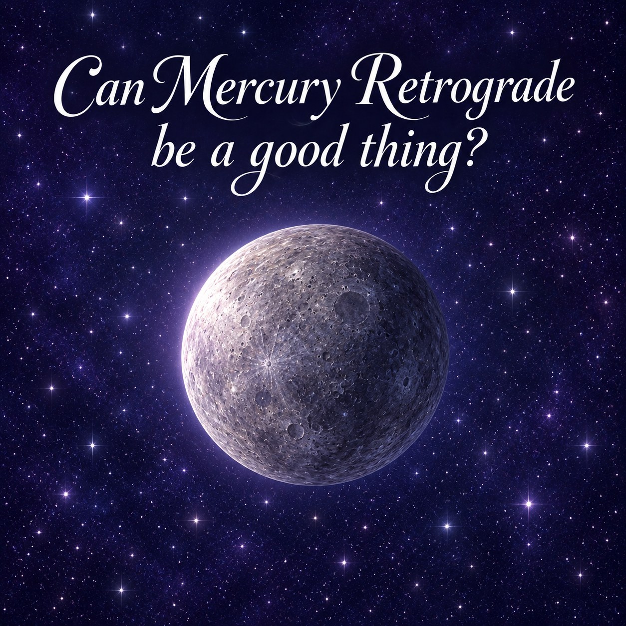 Mercury in a violet starry sky with the title “Can Mercury Retrograde be a good thing?”