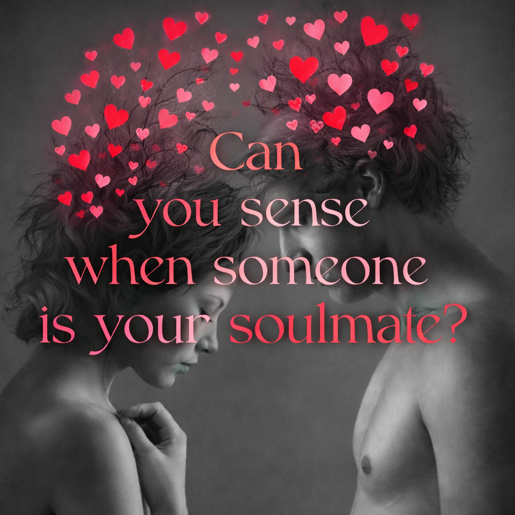 Man and woman facing each other with hearts rising above their heads representing intuitive soulmate connection and emotional awareness