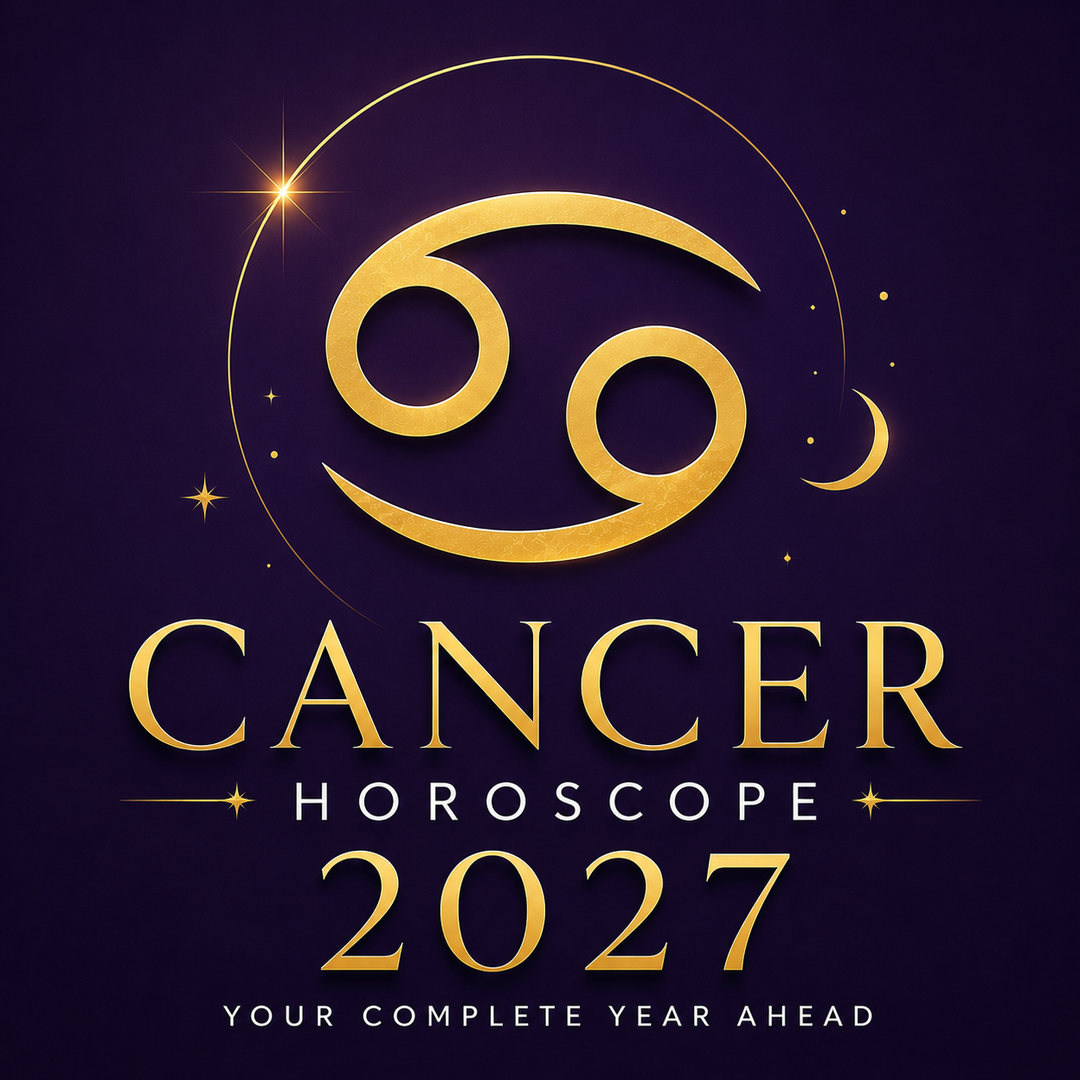 Gold Cancer zodiac symbol on a deep violet background with “Cancer Horoscope 2027: Your Complete Year Ahead.”