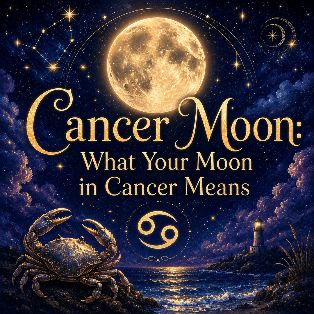 Celestial Cancer Moon graphic with a glowing full moon, Cancer symbol, golden crab, stars, and moonlit ocean.