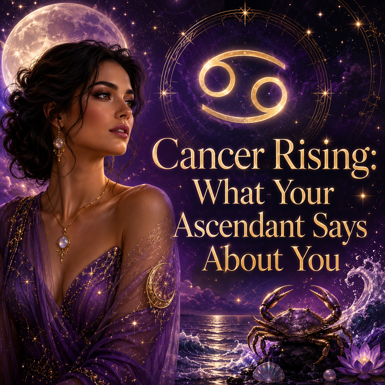 Celestial Cancer Rising image with a woman, glowing Cancer symbol, moonlit ocean, and crab against a purple cosmic sky.