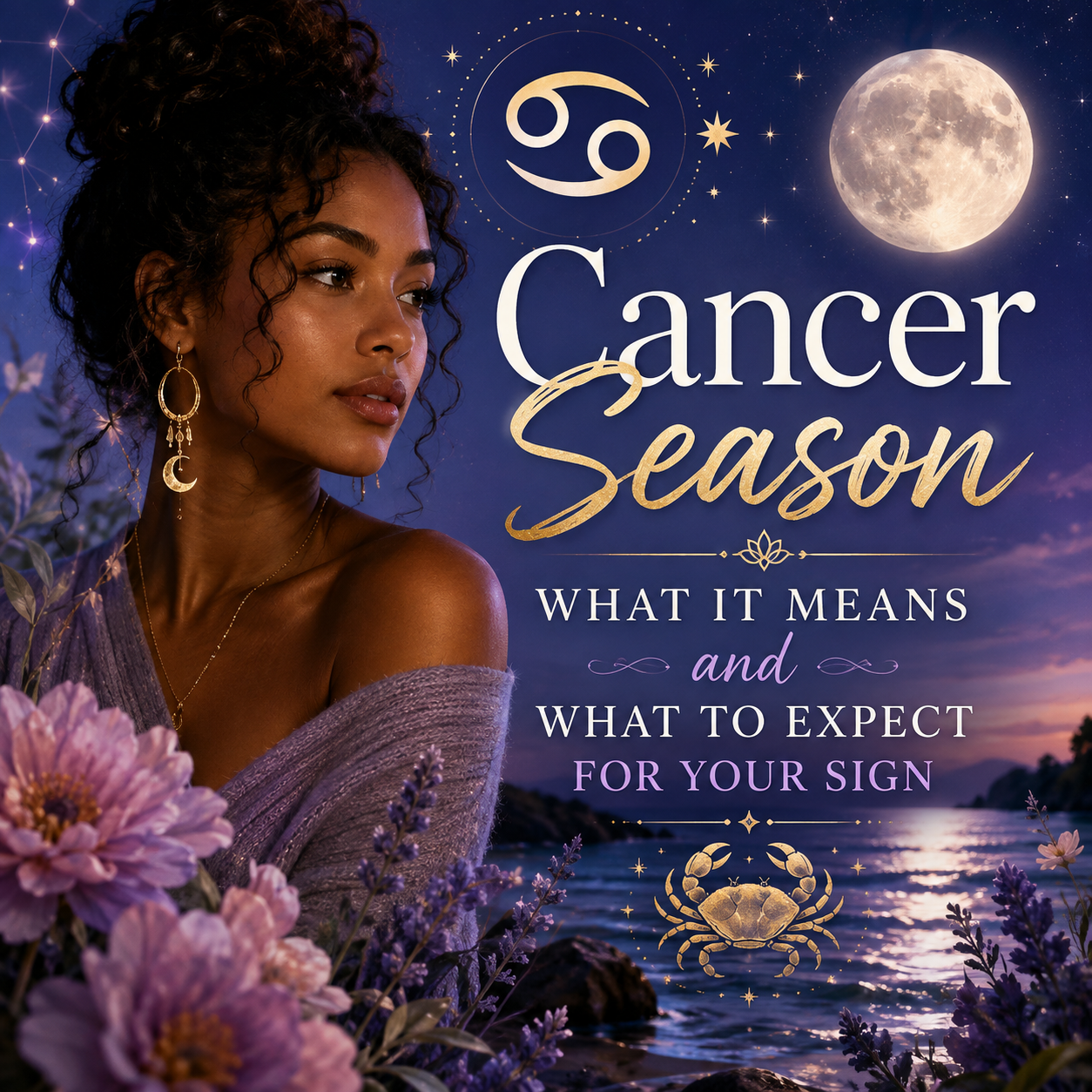 Cancer Season astrology graphic featuring a woman, Cancer symbol, glowing full moon, crab imagery, flowers, and moonlit water with the title What It Means and What to Expect for Your Sign.