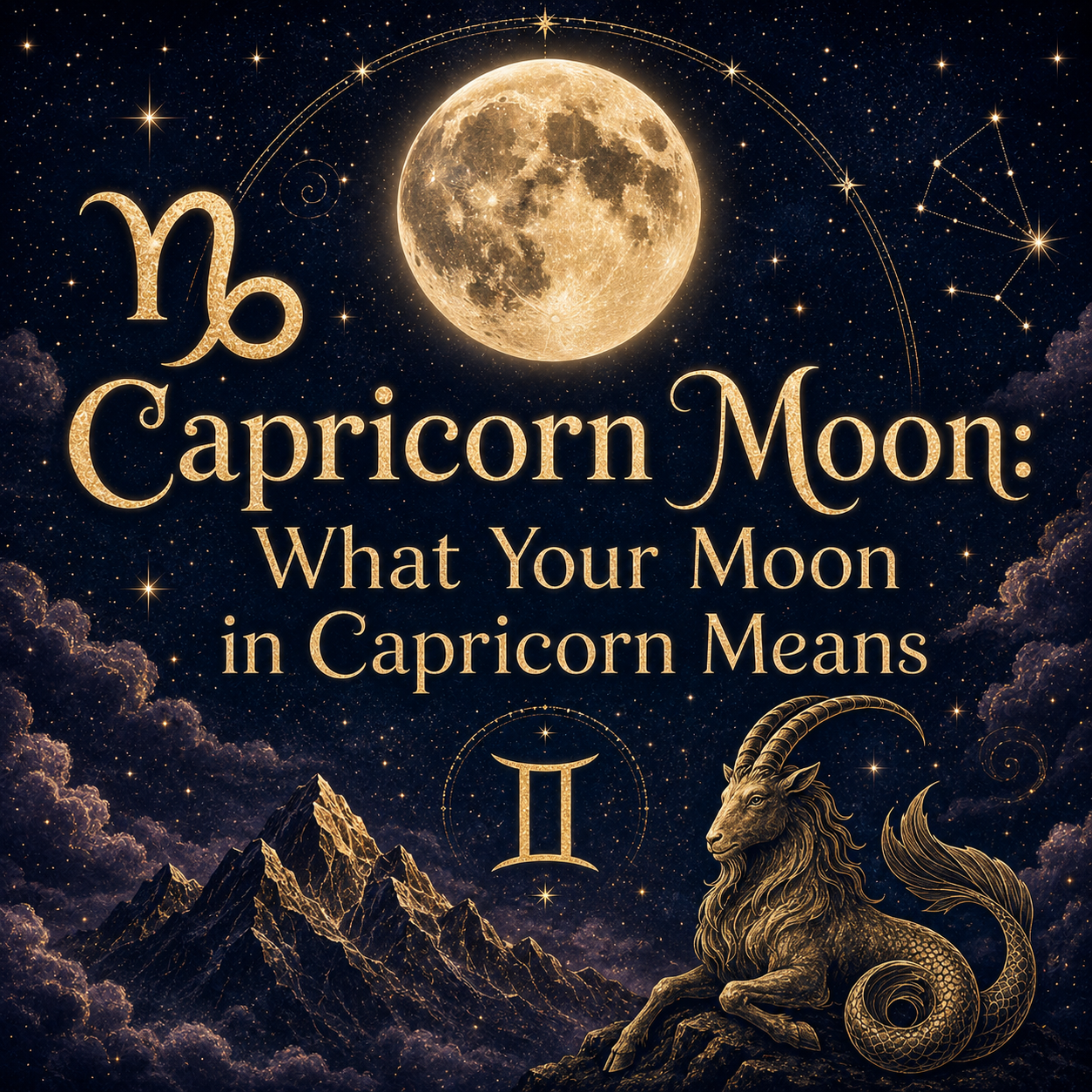 Celestial Capricorn Moon graphic with a glowing full moon, Capricorn symbol, golden sea-goat, mountains, and stars.