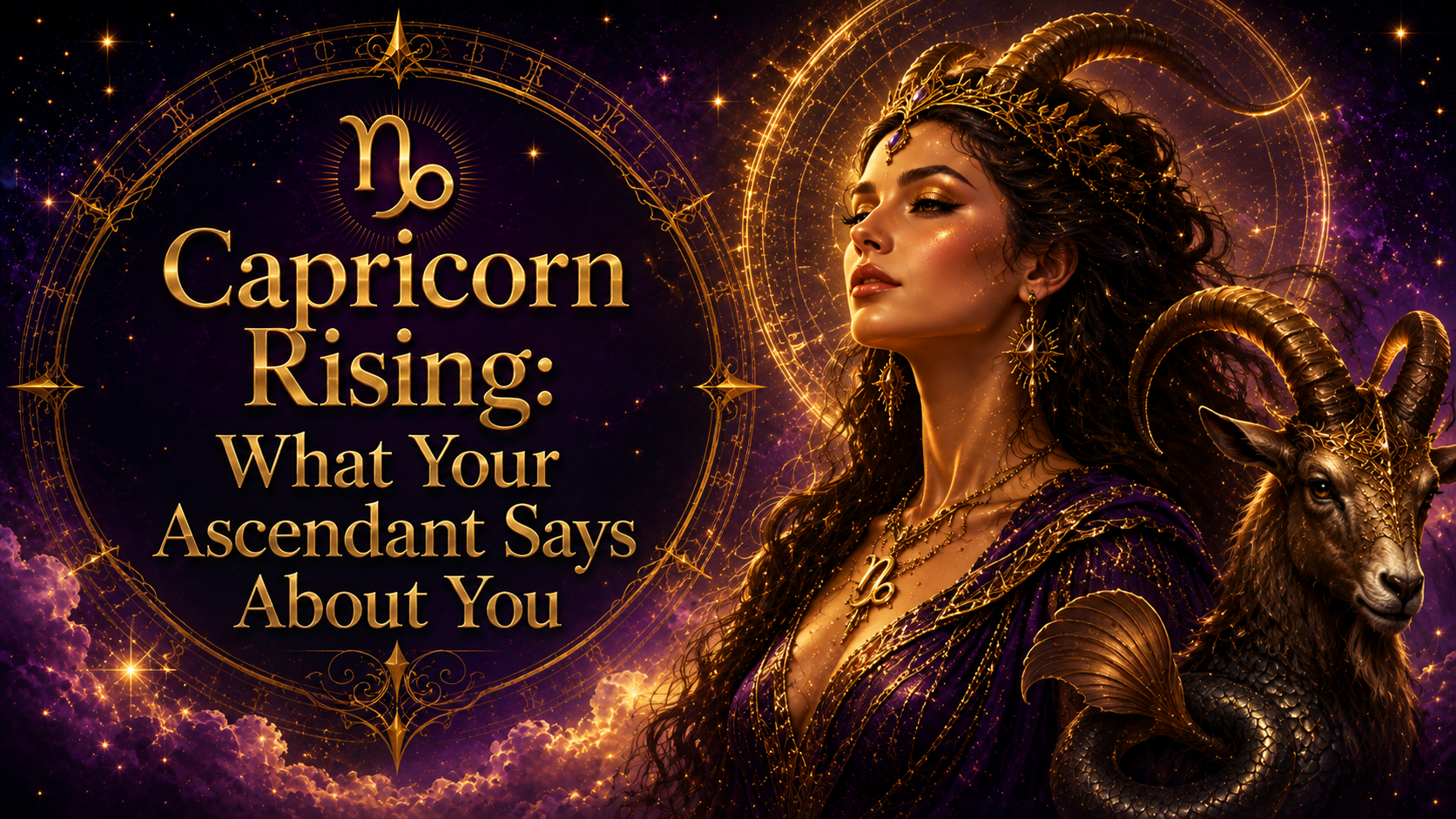 Celestial Capricorn Rising image with a confident woman, a horned sea-goat, and glowing gold astrology details against a purple cosmic sky.