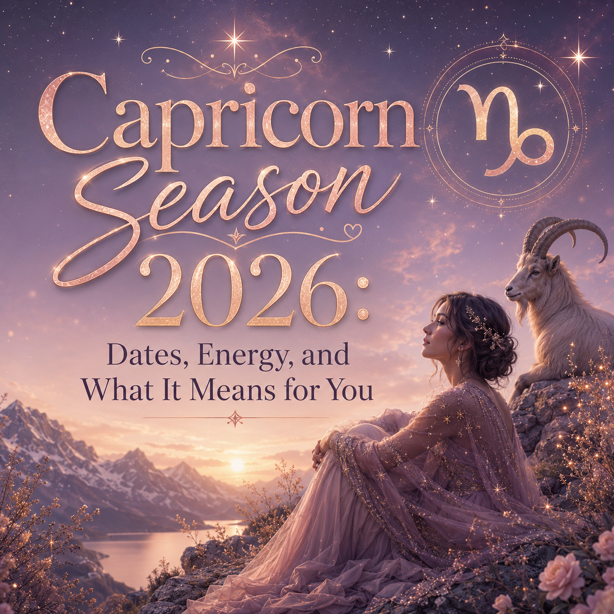 Capricorn Season 2026 astrology image with a woman in a flowing lavender dress, a mountain goat, glowing stars, and a soft sunrise over snowy mountains.