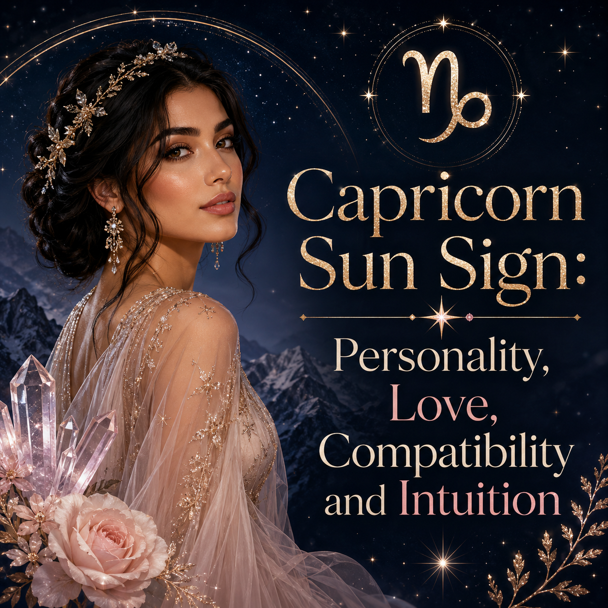 Capricorn Sun Sign astrology graphic featuring a woman, Capricorn symbol, celestial stars, crystals, flowers, and the title Personality, Love, Compatibility and Intuition.
