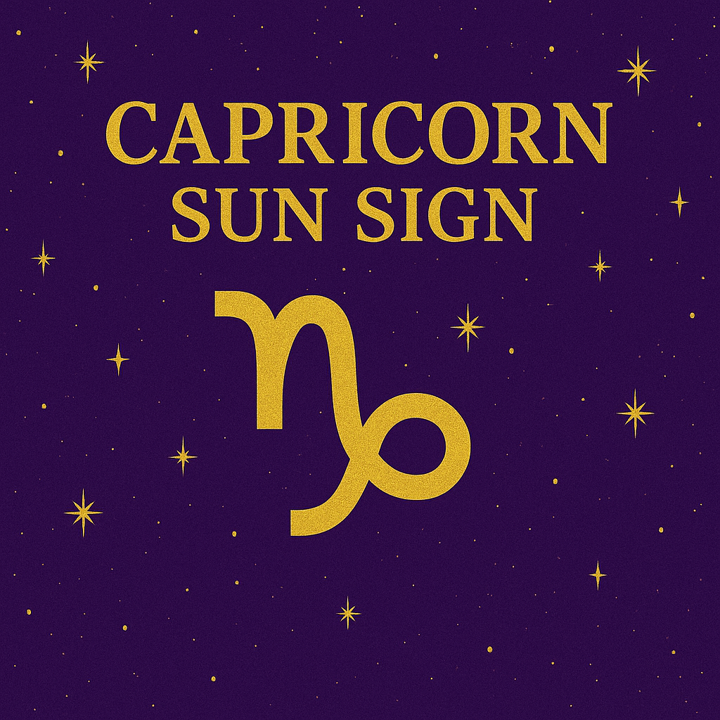 Capricorn Sun Sign graphic with golden Capricorn symbol and text on violet background with stars